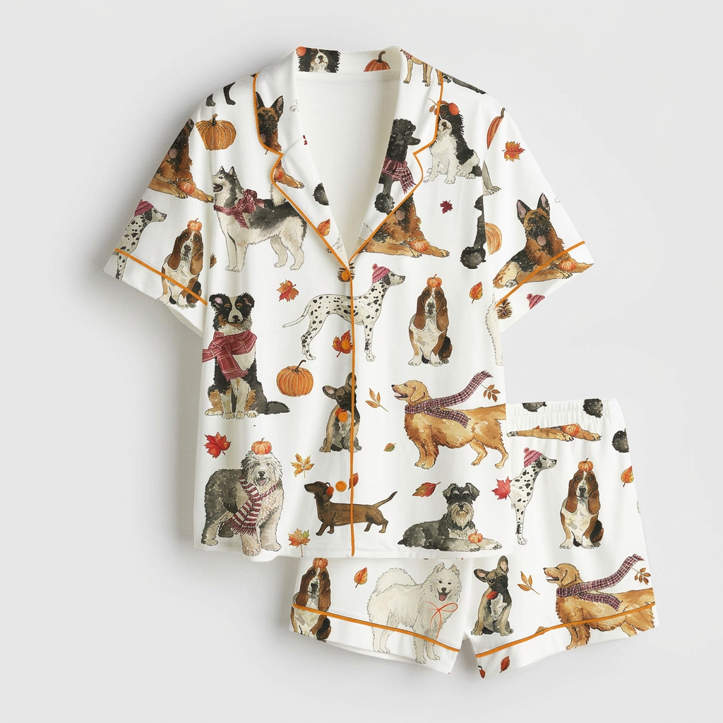 Women's satin pajama set with German shepherds, bassets, dalmatians and goldens with pumpkins and scarves on white - flat lay