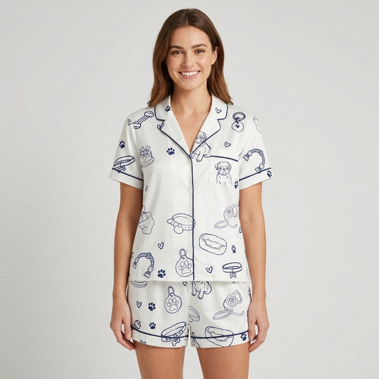 Women's satin pajama set with navy line drawings of pug collars, bowls, bones and hearts on white - short sleeve and shorts