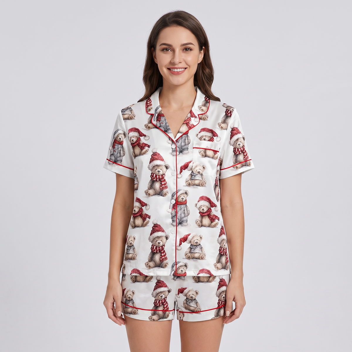 Christmas Teddy Bears Women's Pajama Set - short sleeve and shorts