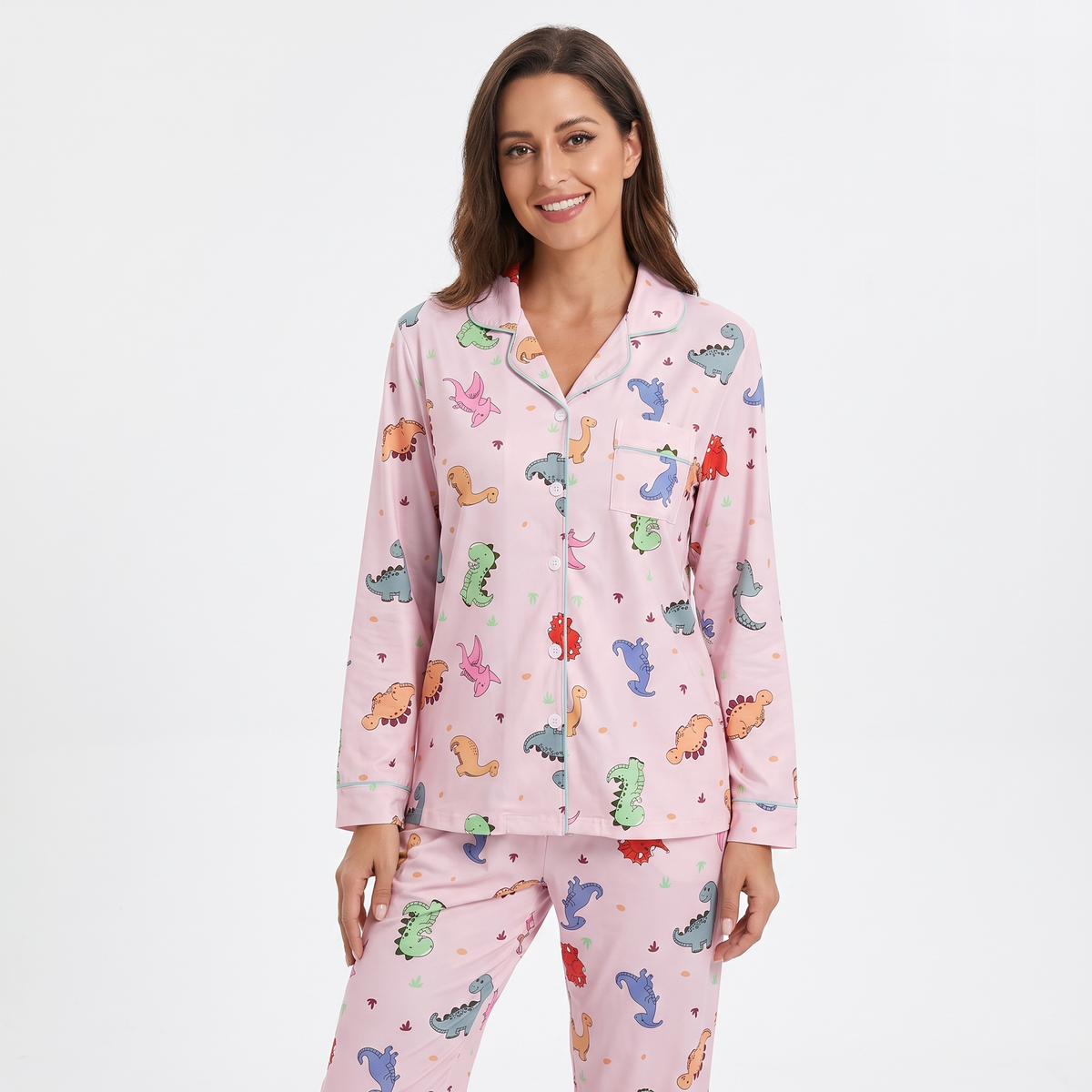Dino Dreams Women's Pajama Set - Pink - long sleeve and pants