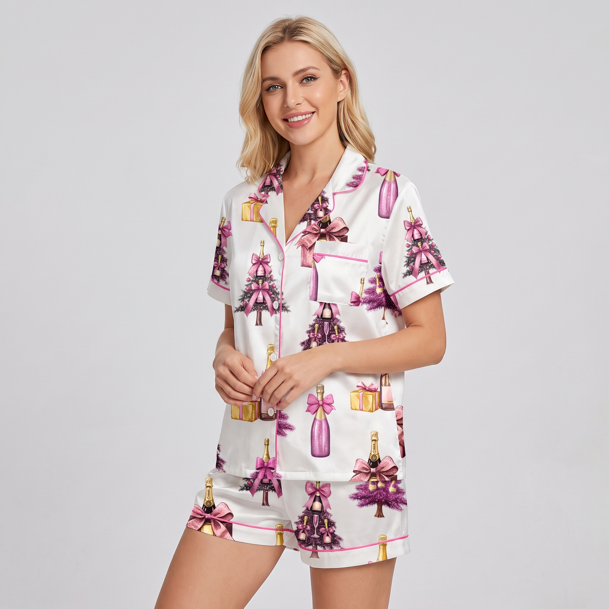 Pink Champagne Trees Women's Pajama Set - short sleeve and shorts