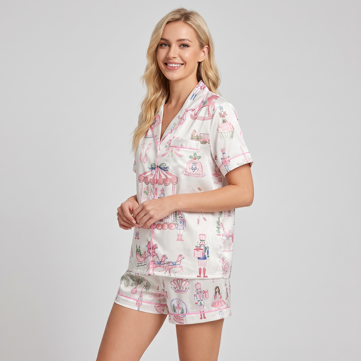 Pastel Nutcracker Carousel Women's Pajama Set - short sleeve and shorts
