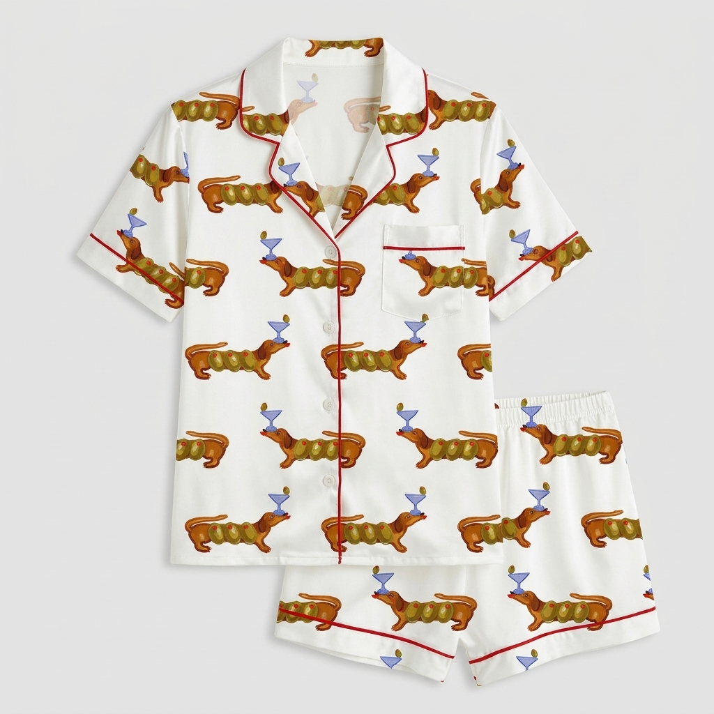 Women's satin pajama set with russet dachshunds balancing blue cocktail glasses in rows on white - flat lay
