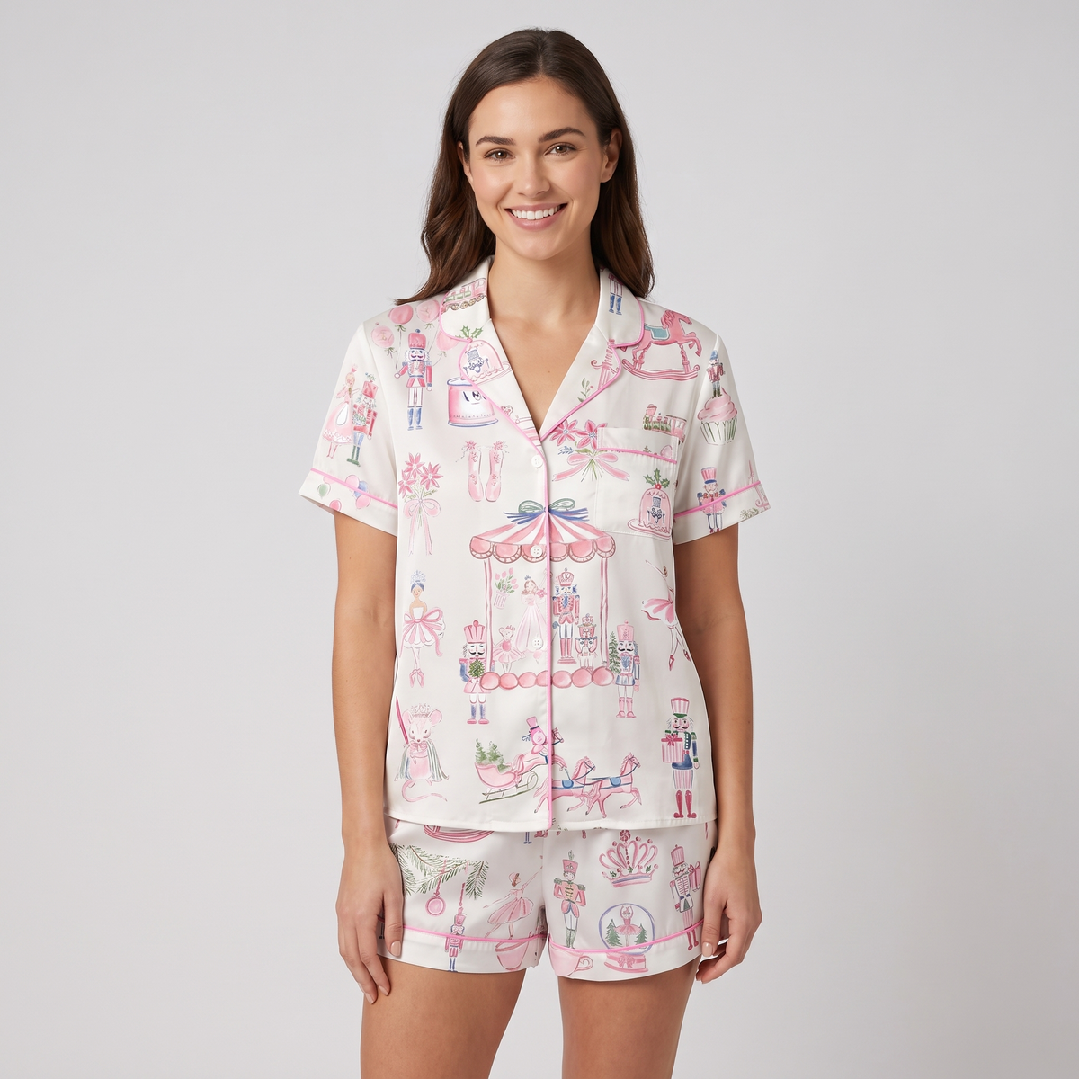 Pastel Nutcracker Carousel Women's Pajama Set - short sleeve and shorts