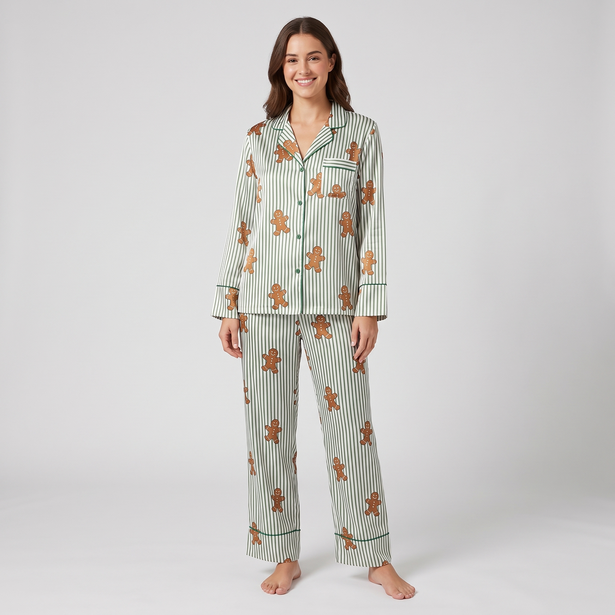 Gingerbread Pinstripes Women's Pajama Set - long sleeve and pants