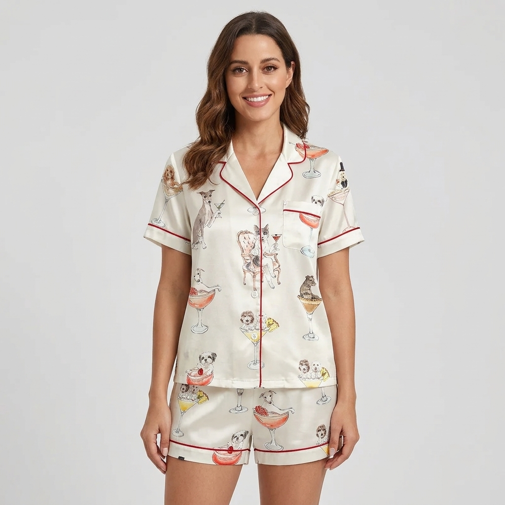 Women's satin pajama set with watercolor dogs in martini, coupe and spritz glasses on white - short sleeve and shorts