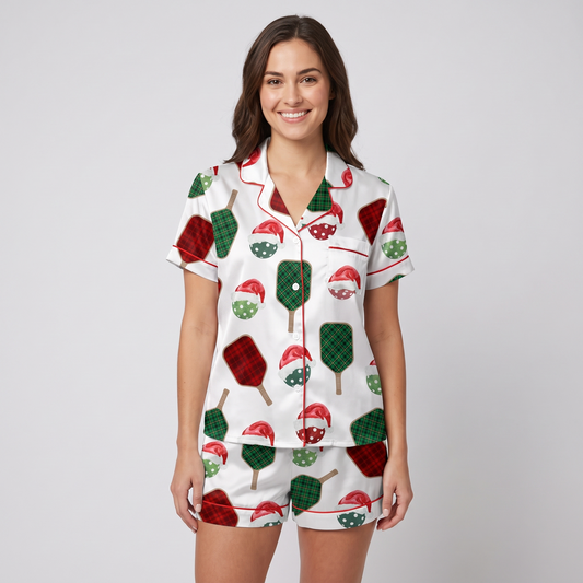 Pickleball Christmas Women's Pajama Set - short sleeve and shorts