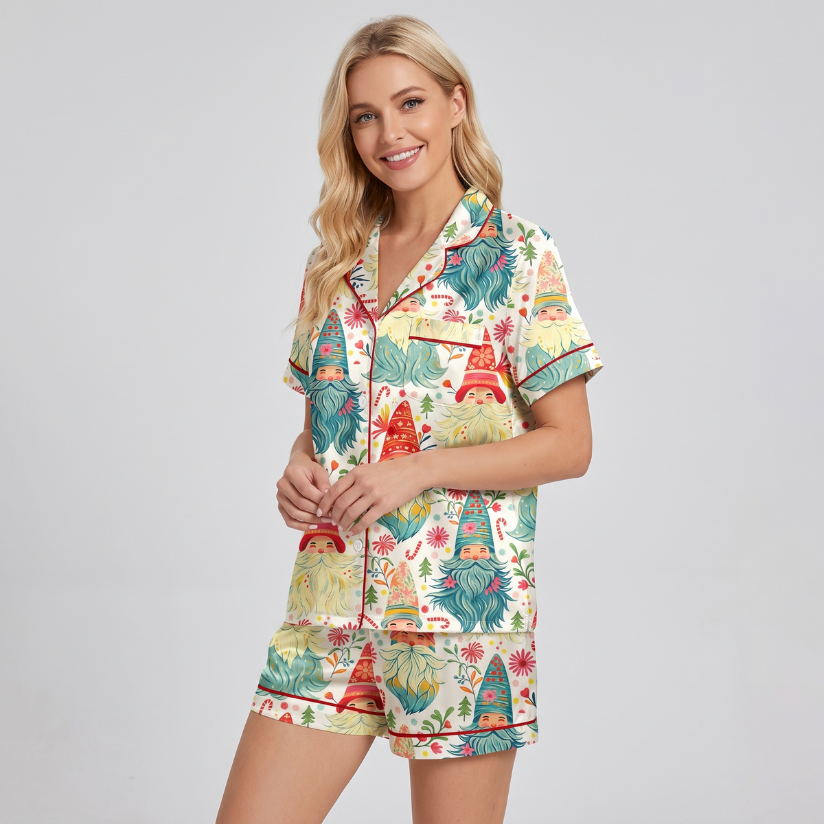 Christmas Gnomes Women's Pajama Set - short sleeve and shorts