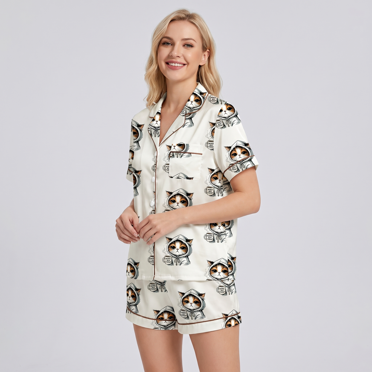 Hoodie Kitten Women's Pajama Set - short sleeve and shorts
