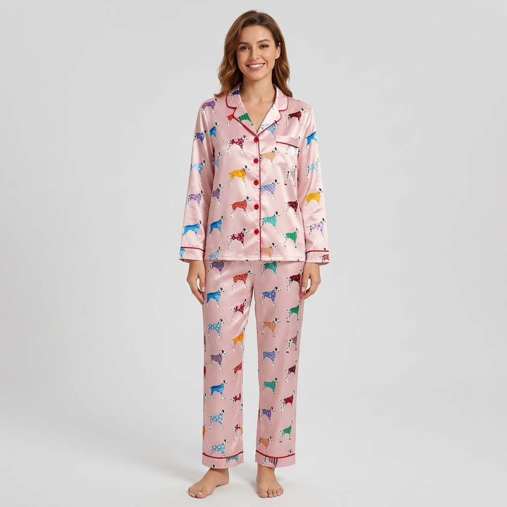 Women's satin pajama set with dalmatians in plaid, polka dot and checkered coats on blush pink - long sleeve and pants