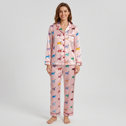 Women's satin pajama set with dalmatians in plaid, polka dot and checkered coats on blush pink - long sleeve and pants