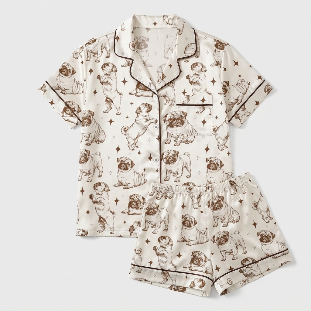 Women's satin pajama set with pencil-sketched pugs with tiny stars on ivory - flat lay