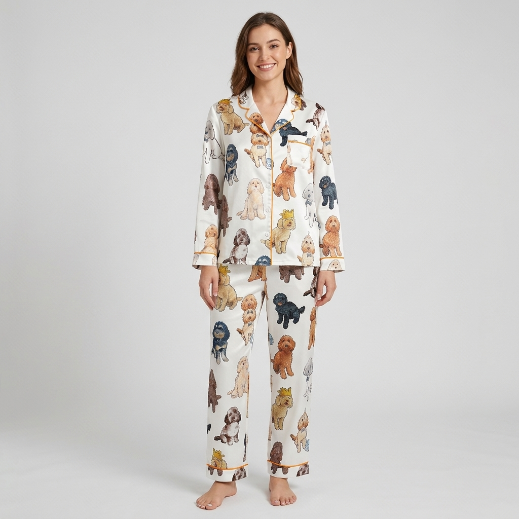 Women's satin pajama set with cockapoo and doodle pups in tiny gold crowns and bow ties on white - long sleeve and pants