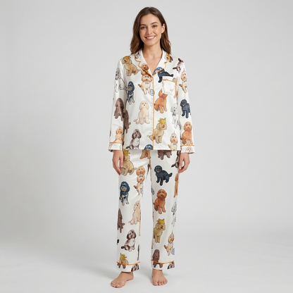 Women's satin pajama set with cockapoo and doodle pups in tiny gold crowns and bow ties on white - long sleeve and pants