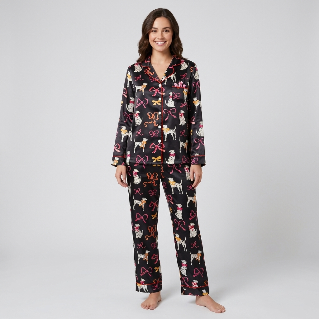 Dalmatians and Red Bows Women's Pajama Set - Black long sleeve and pants