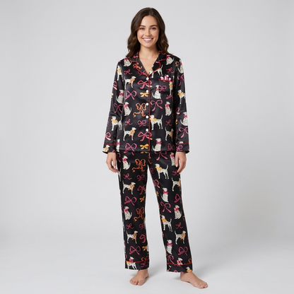 Dalmatians and Red Bows Women's Pajama Set - Black long sleeve and pants