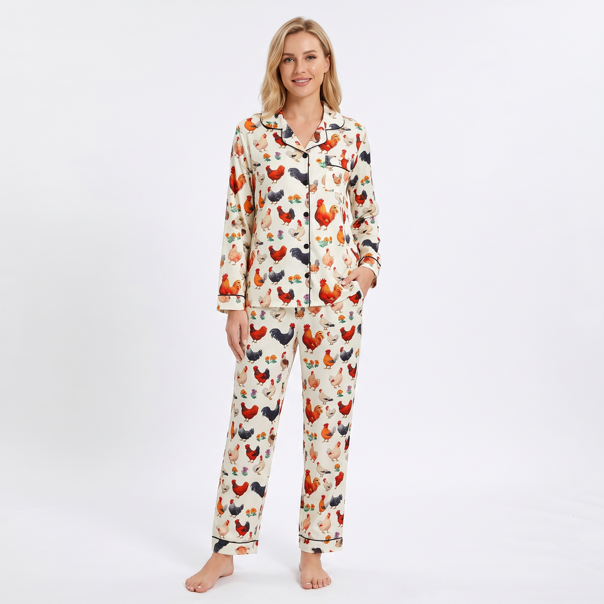 Hen House Women's Pajama Set - Garden Roosters - long sleeve and pants