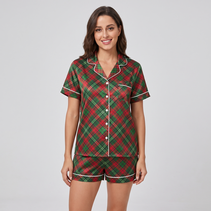 Green Tartan Christmas Women's Pajama Set - short sleeve and shorts