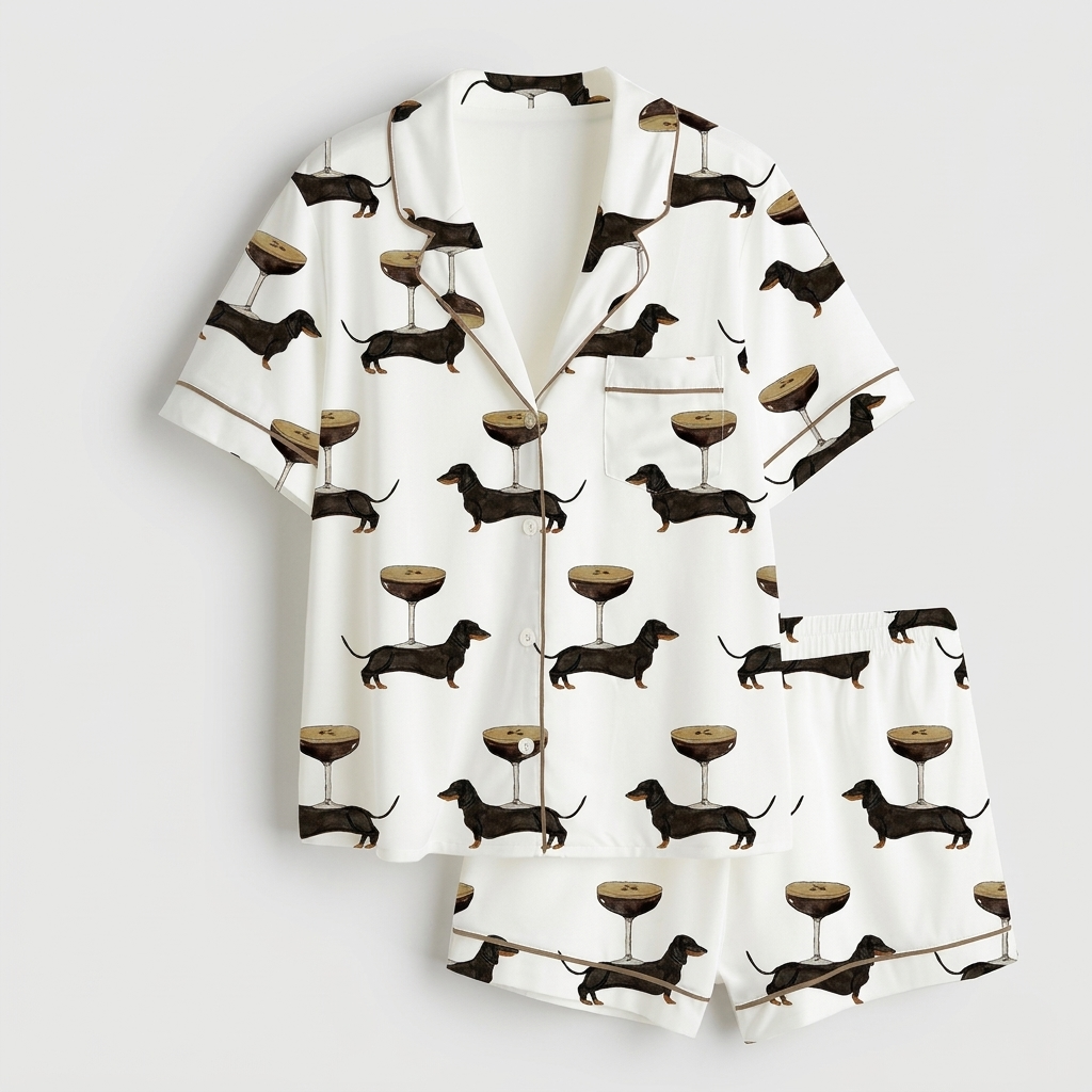 Women's satin pajama set with black dachshunds beside espresso martinis topped with coffee beans on white - flat lay