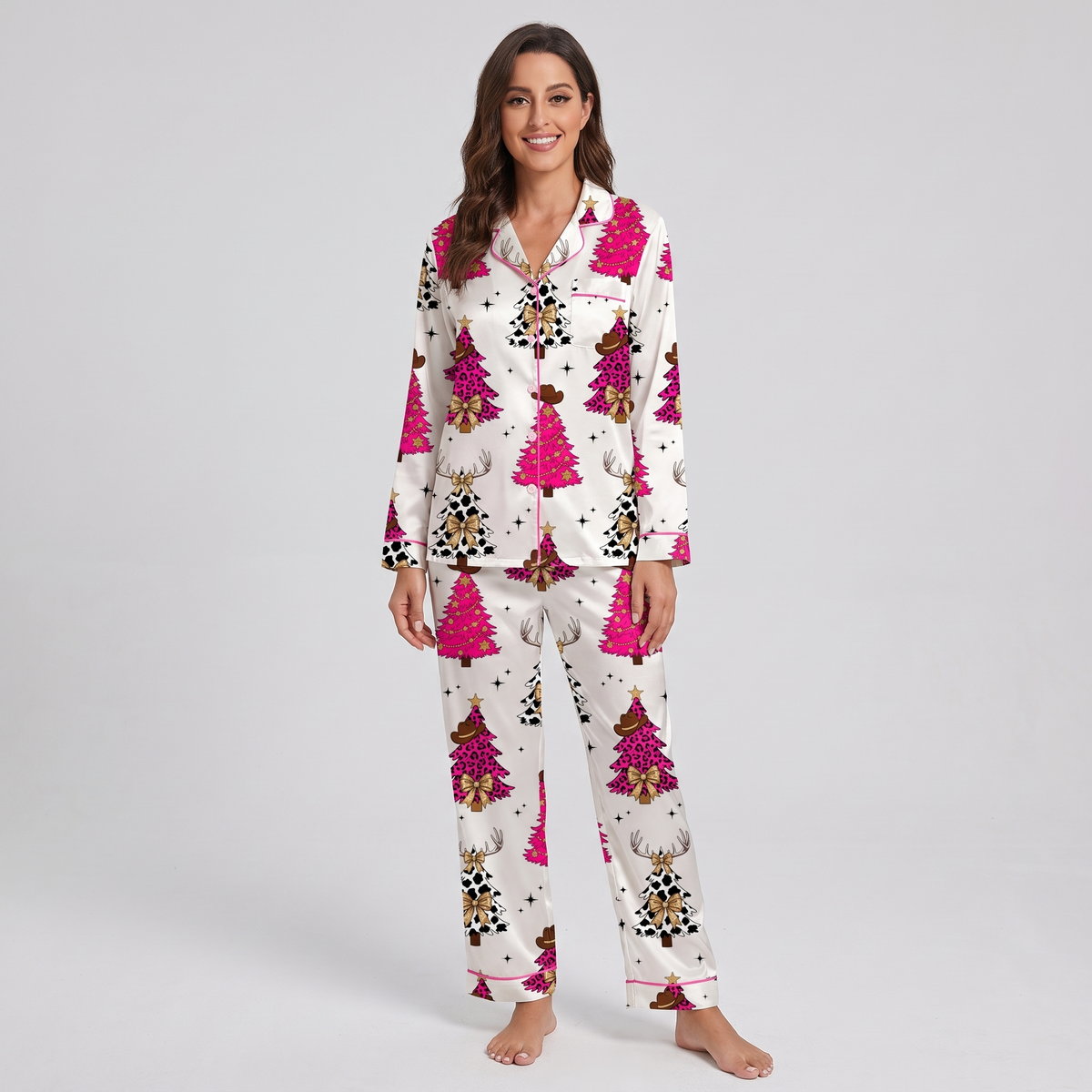 Leopard & Cow Print Trees Women's Pajama Set - long sleeve and pants