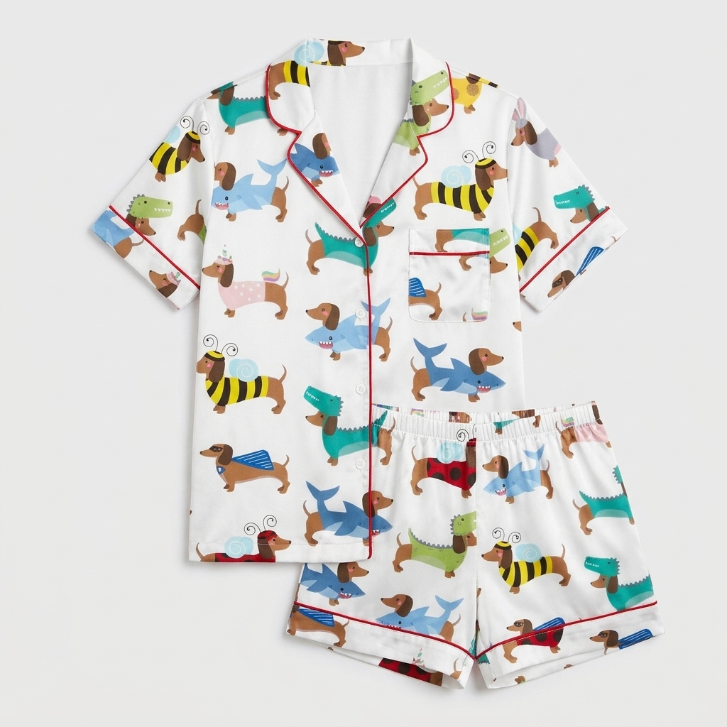 Women's satin pajama set with dachshunds dressed as sharks, dinosaurs, bees, unicorns and bunnies on white with red piping - flat lay