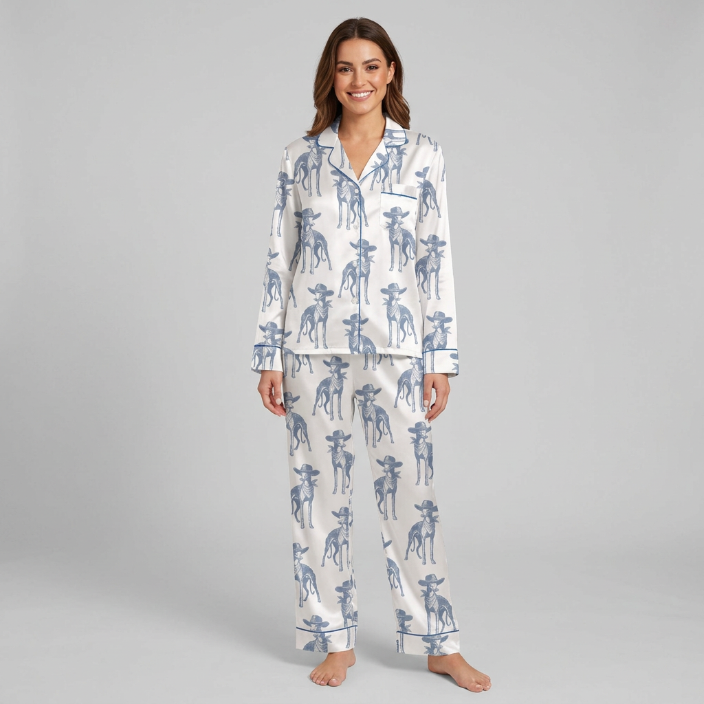 Women's satin pajama set with slate blue whippets in tiny cowboy hats on white with blue piping - long sleeve and pants