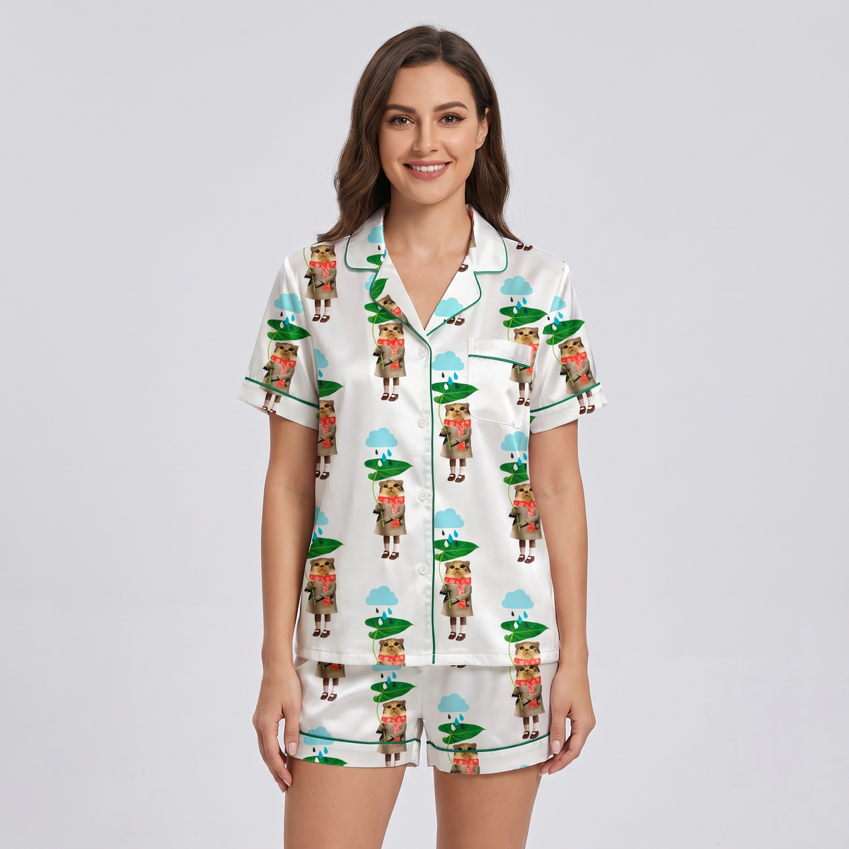 Leaf Umbrella Cats Women's Pajama Set - short sleeve and shorts
