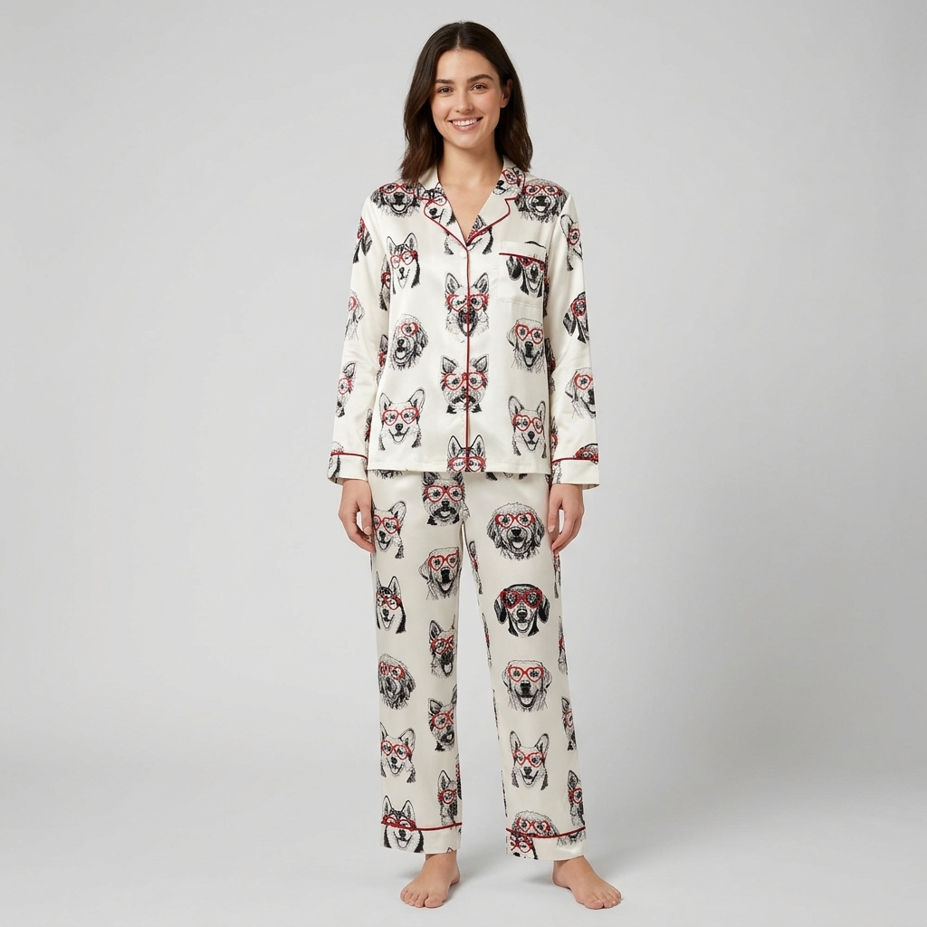 Women's satin pajama set with huskies, golden retrievers and corgis in red heart glasses on white - long sleeve and pants