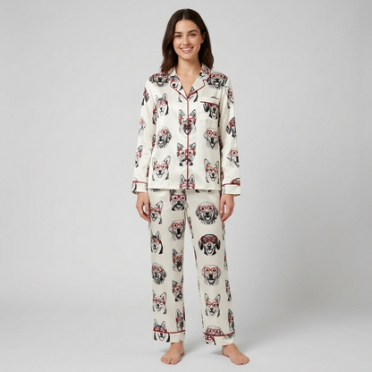Women's satin pajama set with huskies, golden retrievers and corgis in red heart glasses on white - long sleeve and pants