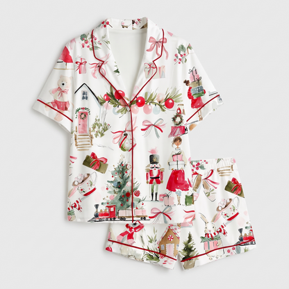 Cozy Nutcracker Village Women's Pajama Set - flat lay
