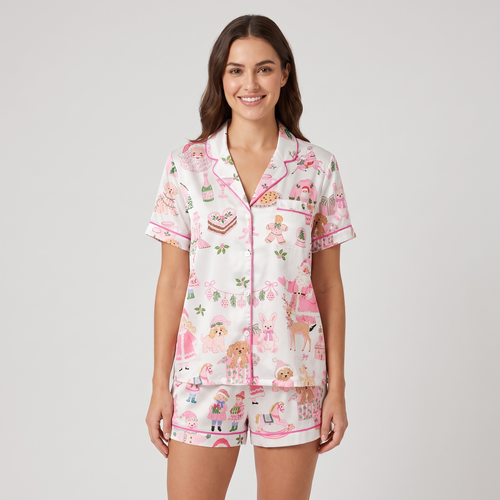 Pink Christmas Bakery Women's Pajama Set - short sleeve and shorts