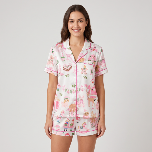 Pink Christmas Bakery Women's Pajama Set - short sleeve and shorts