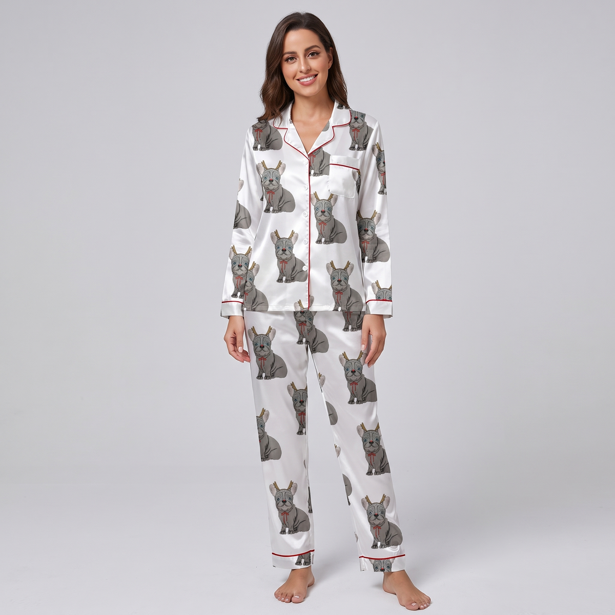 Reindeer Frenchies Women's Pajama Set - long sleeve and pants
