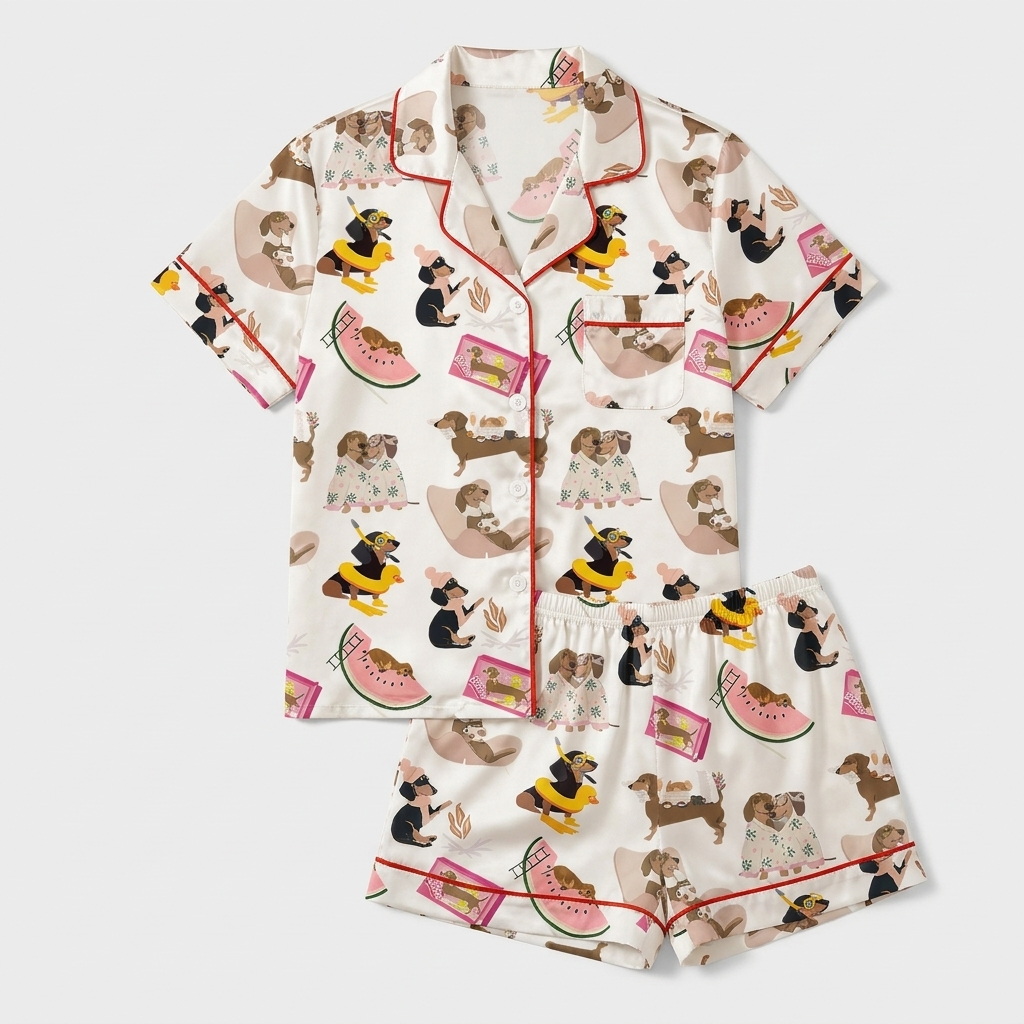 Women's satin pajama set with dachshunds on pool floats with watermelon slices and books on white - flat lay