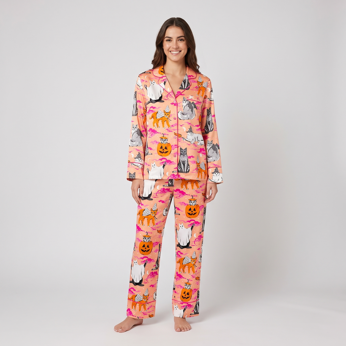 Ghost Pumpkin Cats Women's Pajama Set - long sleeve and pants
