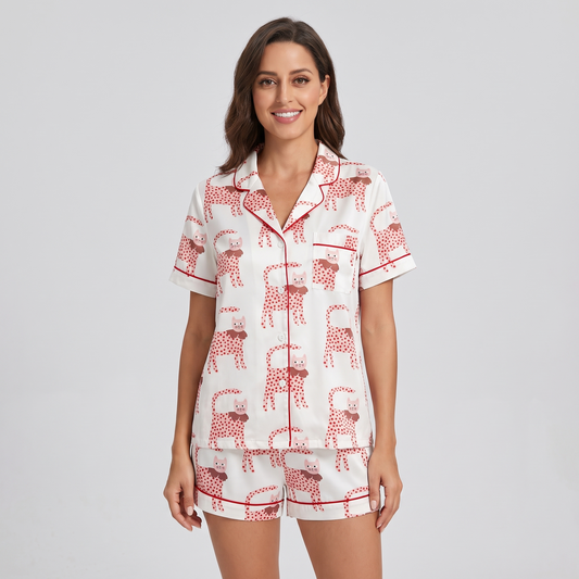 Polka Dot Cats Women's Pajama Set - short sleeve and shorts