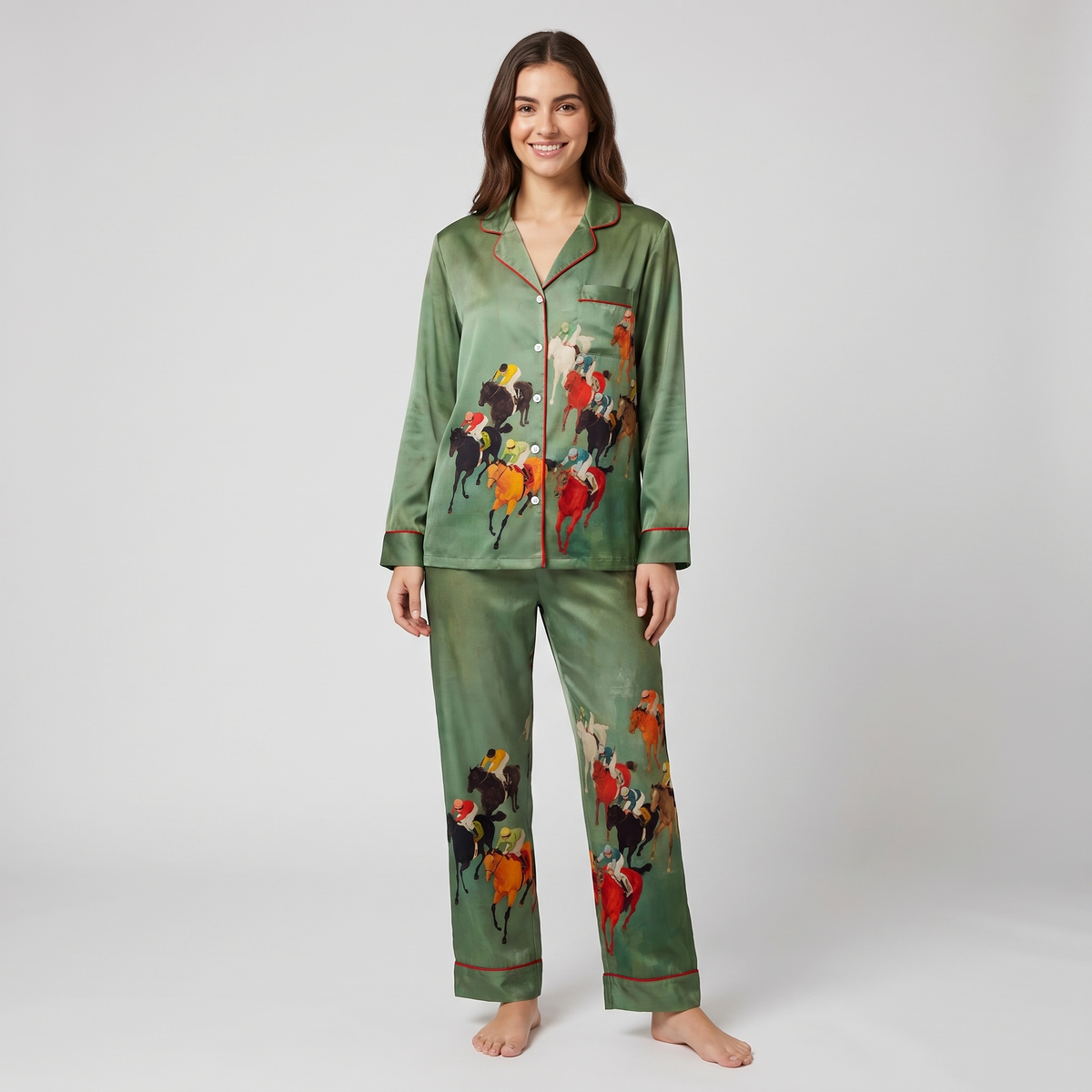 Painted Jockeys Green Race Horse Women's Pajama Set - long sleeve and pants