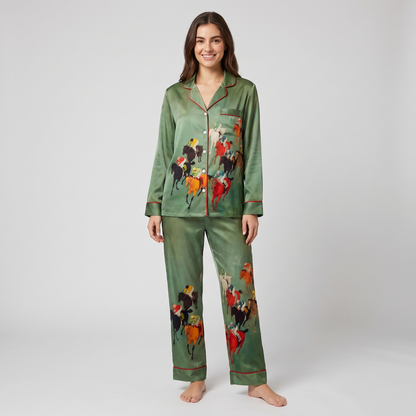 Painted Jockeys Green Race Horse Women's Pajama Set - long sleeve and pants