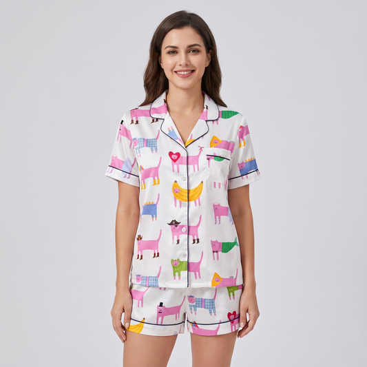 Pink Cat Parade Women's Pajama Set - short sleeve and shorts