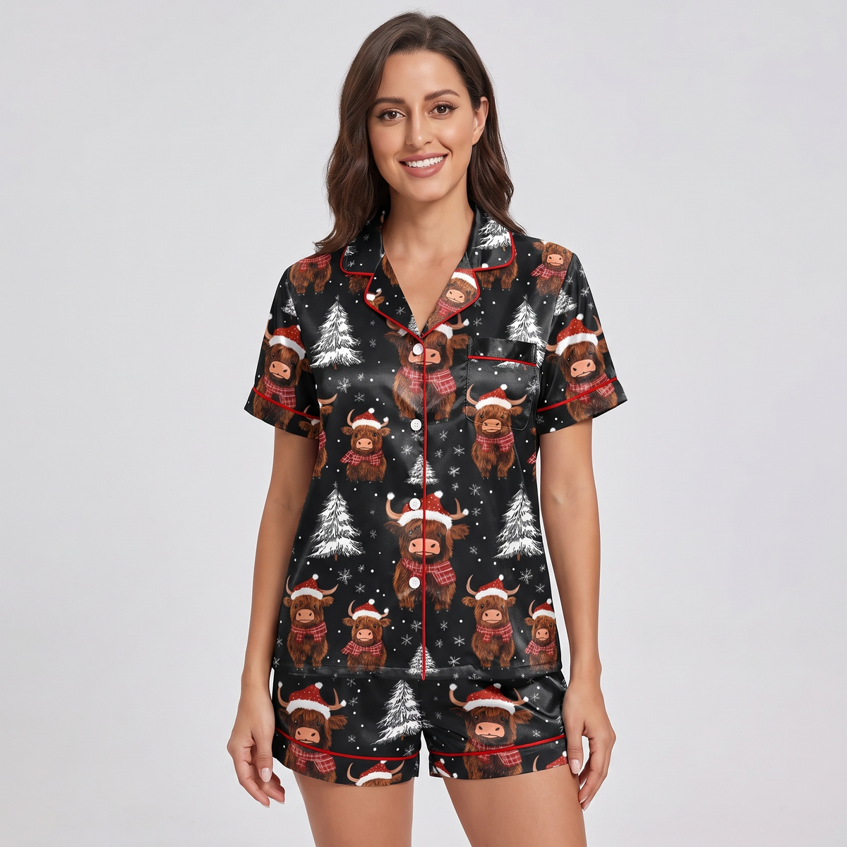 Midnight Highland Cows Women's Pajama Set - short sleeve and shorts