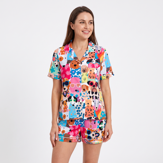 Shady Pups Women's Pajama Set - Multicolor - short sleeve and shorts