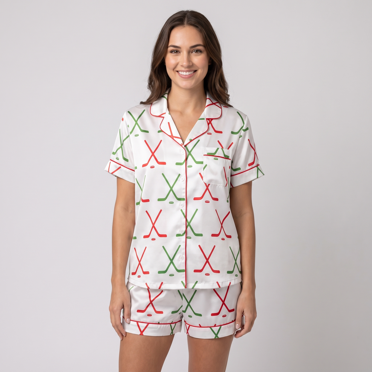 Hockey Sticks Christmas Women's Pajama Set - short sleeve and shorts