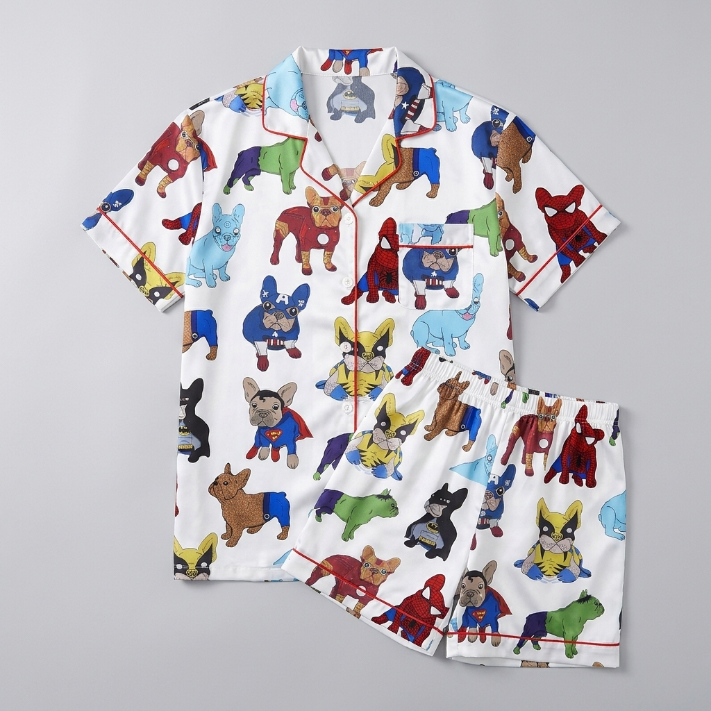 Women's satin pajama set with French bulldogs in capes and masks on white with red piping - flat lay