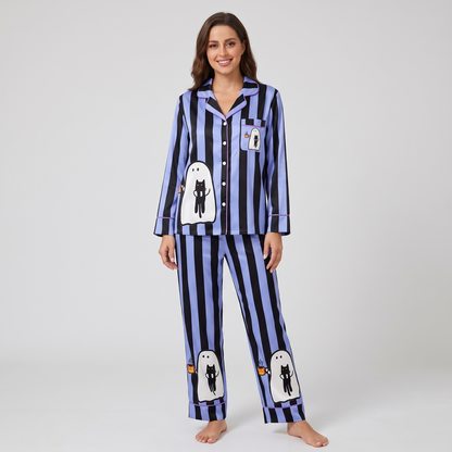 Striped Ghost Cat Women's Pajama Set - long sleeve and pants