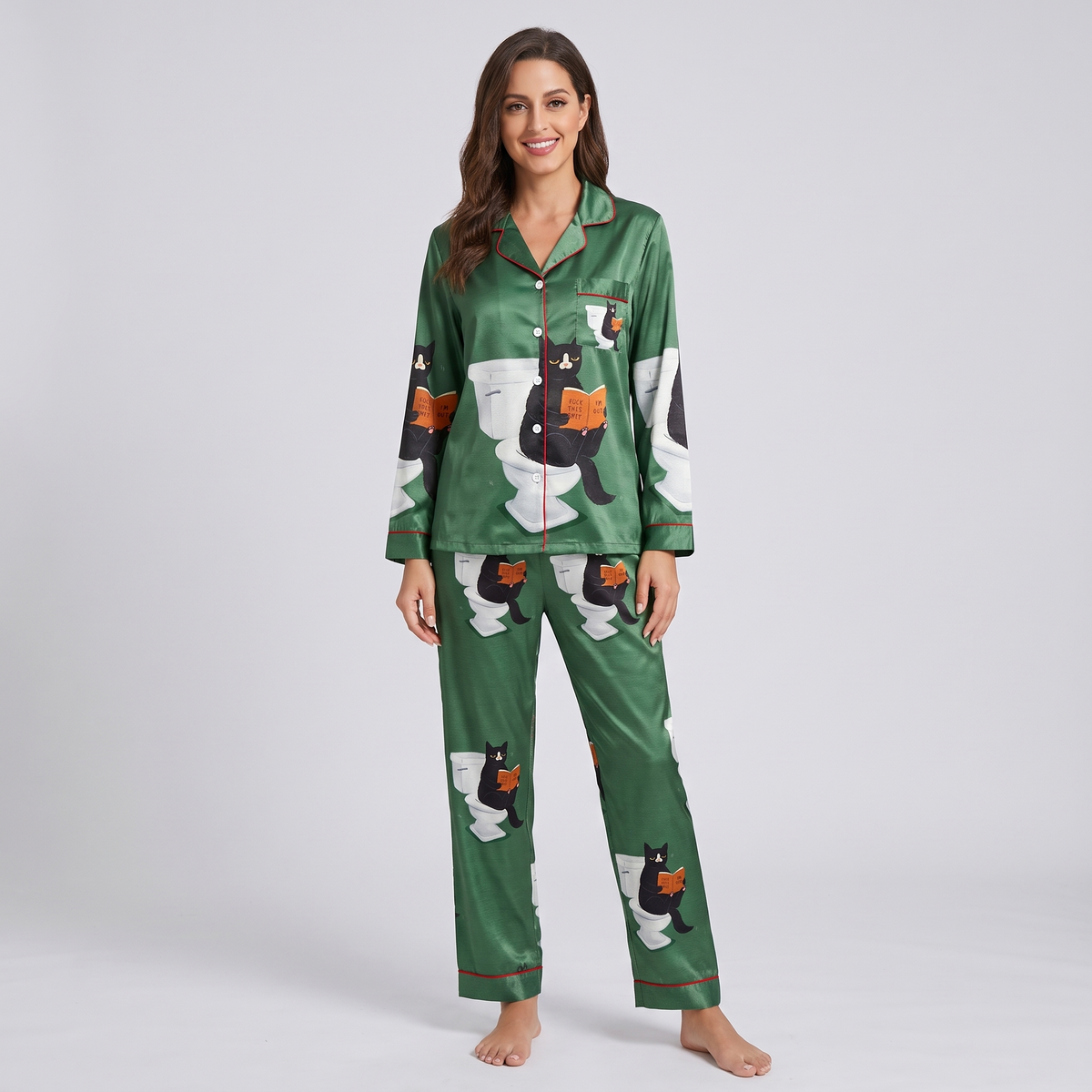 Bathroom Reader Cat Women's Pajama Set - long sleeve and pants