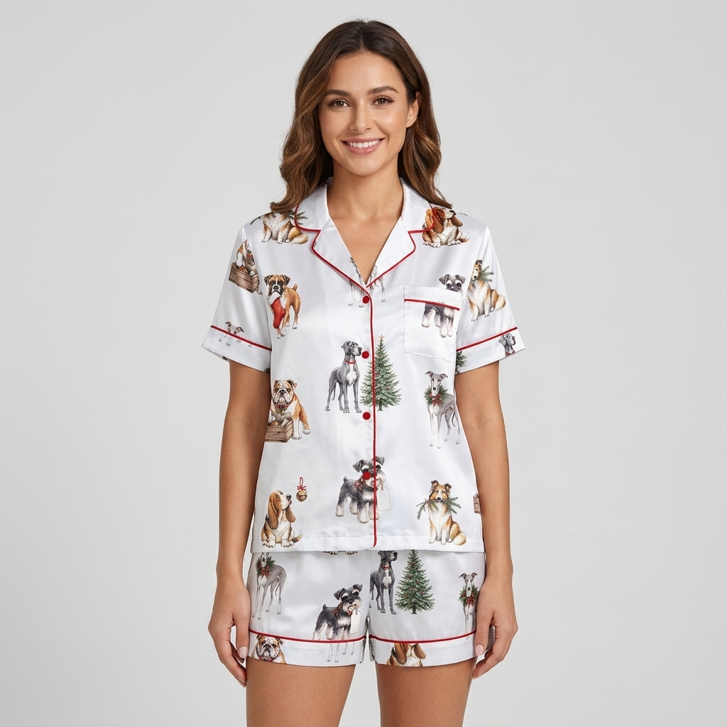 Women's satin pajama set with schnauzers, bulldogs and spaniels by evergreen trees, stockings and gift crates - short sleeve and shorts
