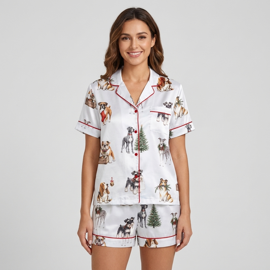 Women's satin pajama set with schnauzers, bulldogs and spaniels by evergreen trees, stockings and gift crates - short sleeve and shorts