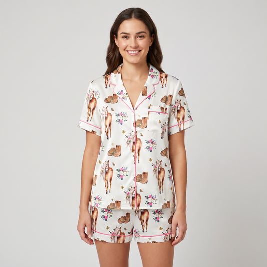 Wildflower Crown Horse Women's Pajama Set - short sleeve and shorts