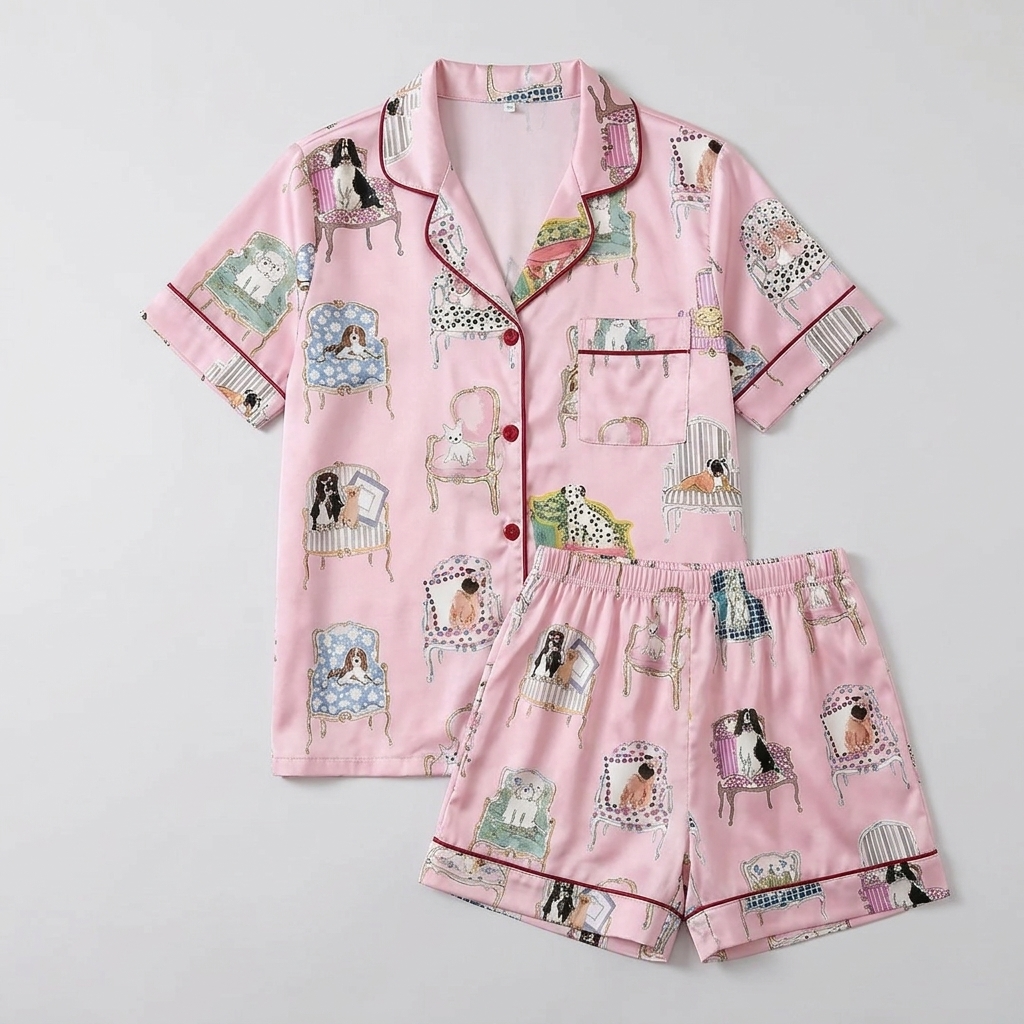 Women's long-sleeve satin pajama set with spaniels lounging on tufted armchairs on pink - flat lay