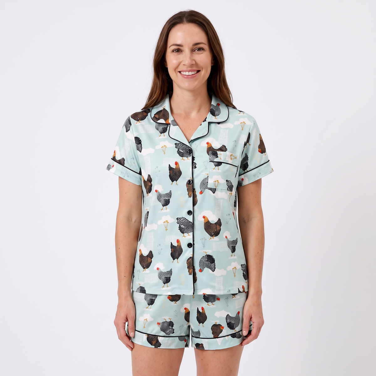 Hen House Women's Pajama Set - Mint Hens - short sleeve and shorts